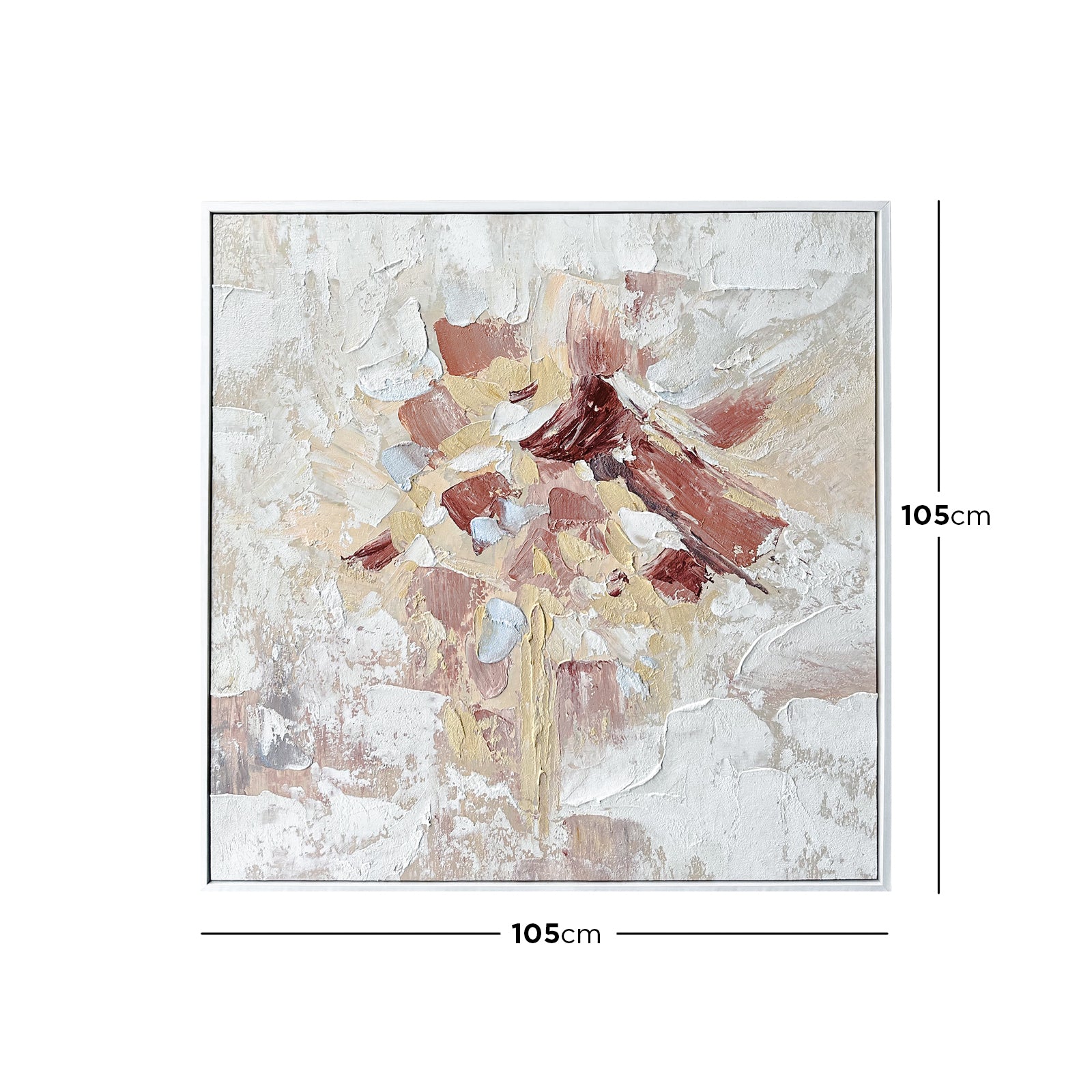 Bloom Framed Canvas Wall Art 105 x 105cm in White features textured abstract impasto with off-white background, rusty reds, peaches, and gold highlights, set in a minimalist white frame.
