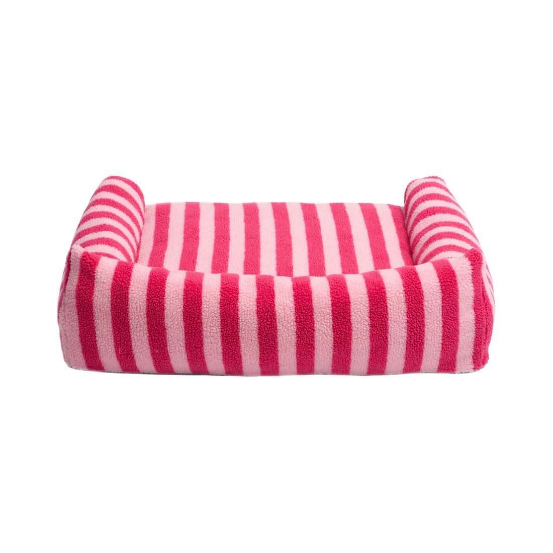 Rectangular plush pet bed with horizontal pink and white stripes on a white background, full product view