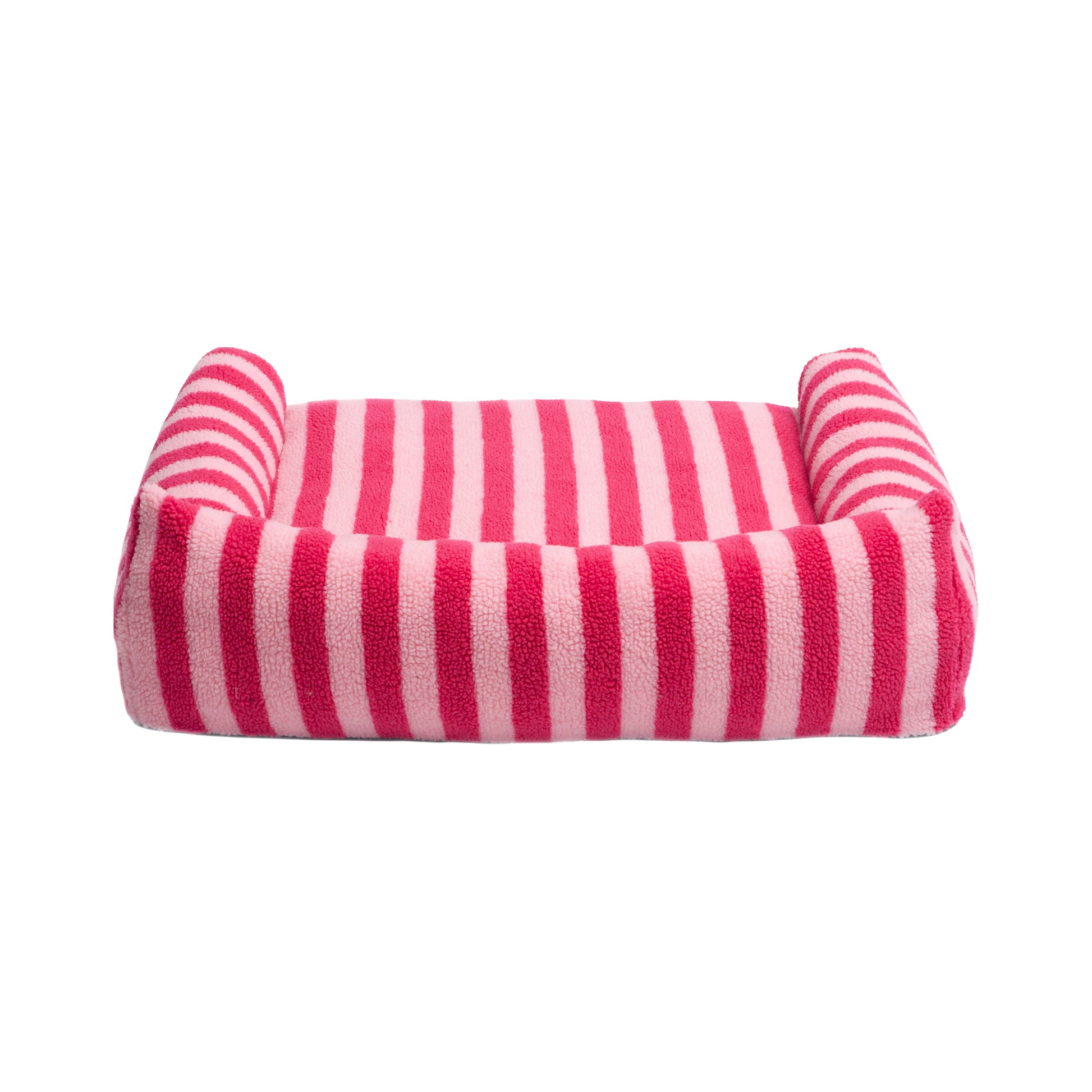 Rectangular plush pet bed with horizontal pink and white stripes on a white background, full product view