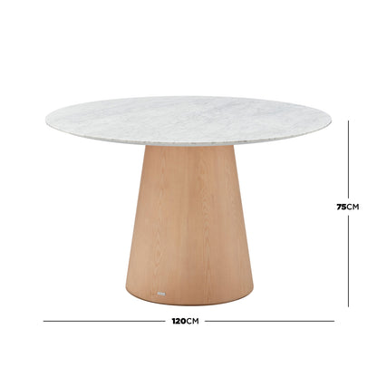 Dina 120cm Round Marble Dining Table in Carrara Natural features a white marble tabletop on a light wood cone-shaped pedestal base, offering elegance and stability for refined dining spaces.
