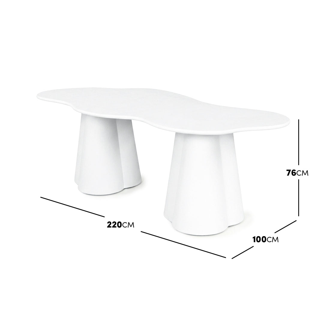 White modern table on a white background with measurement lines showing 220 cm by 100 cm by 76 cm