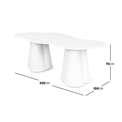 White modern table on a white background with measurement lines showing 220 cm by 100 cm by 76 cm