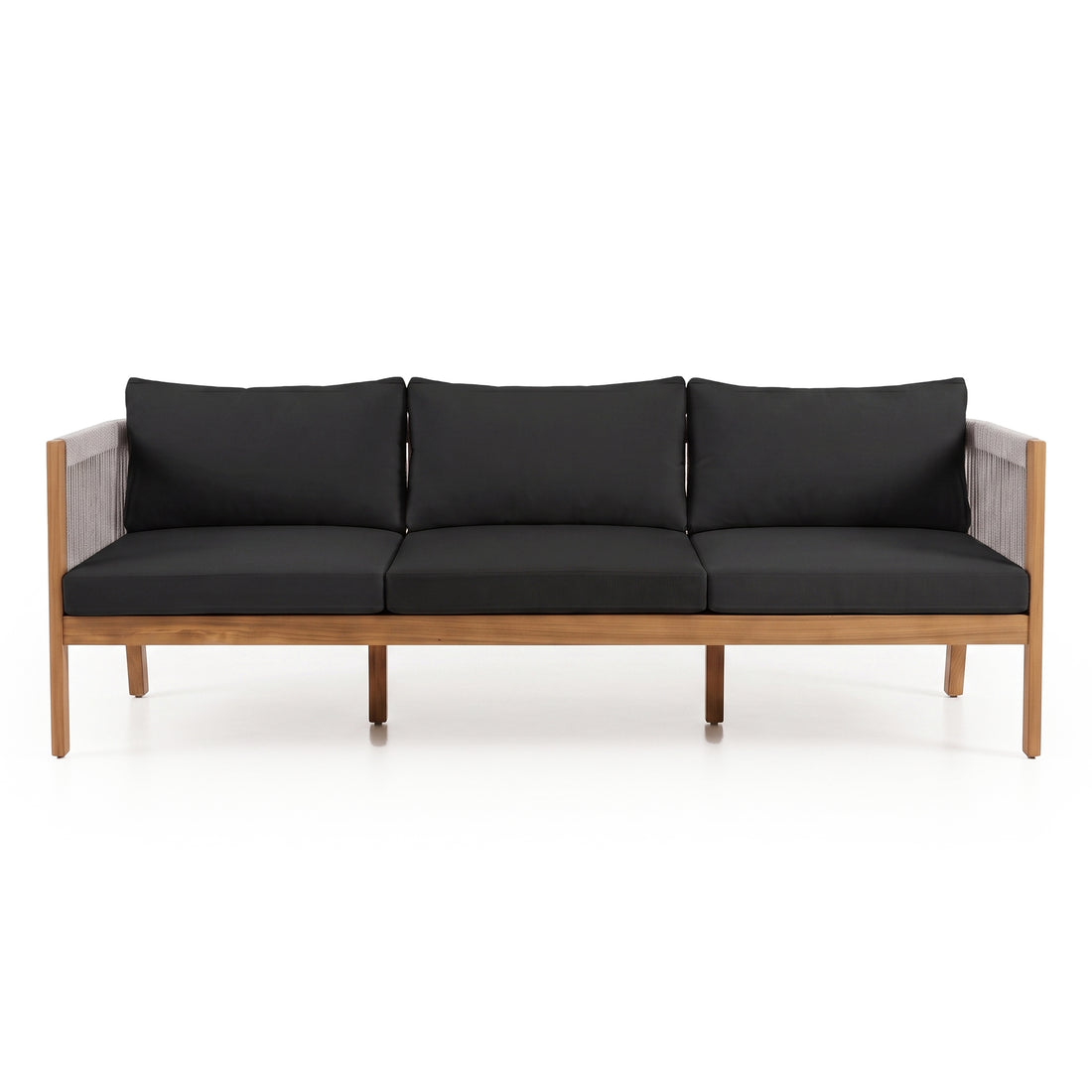 Modern four-seater sofa with black cushions on a white background