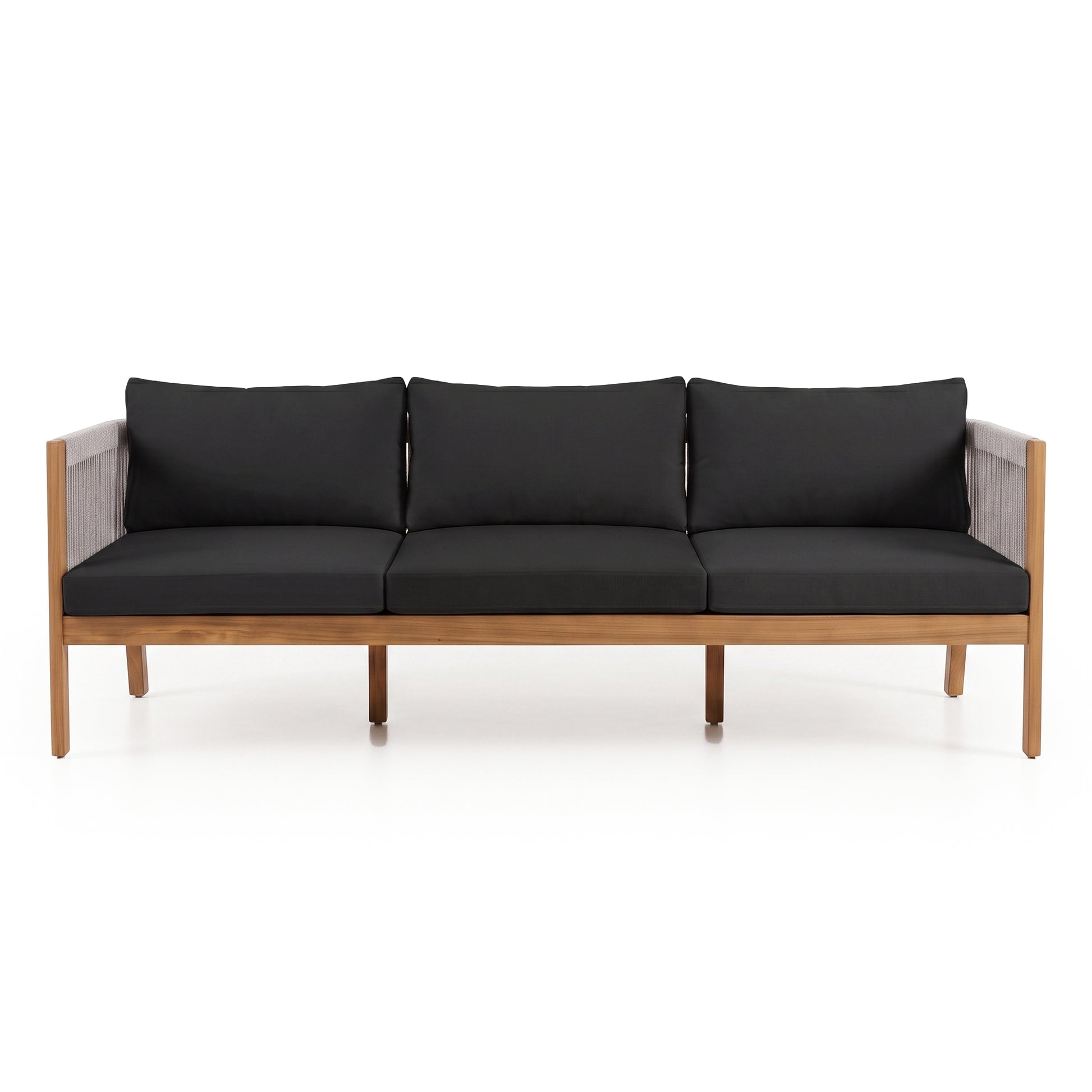 Modern four-seater sofa with black cushions on a white background