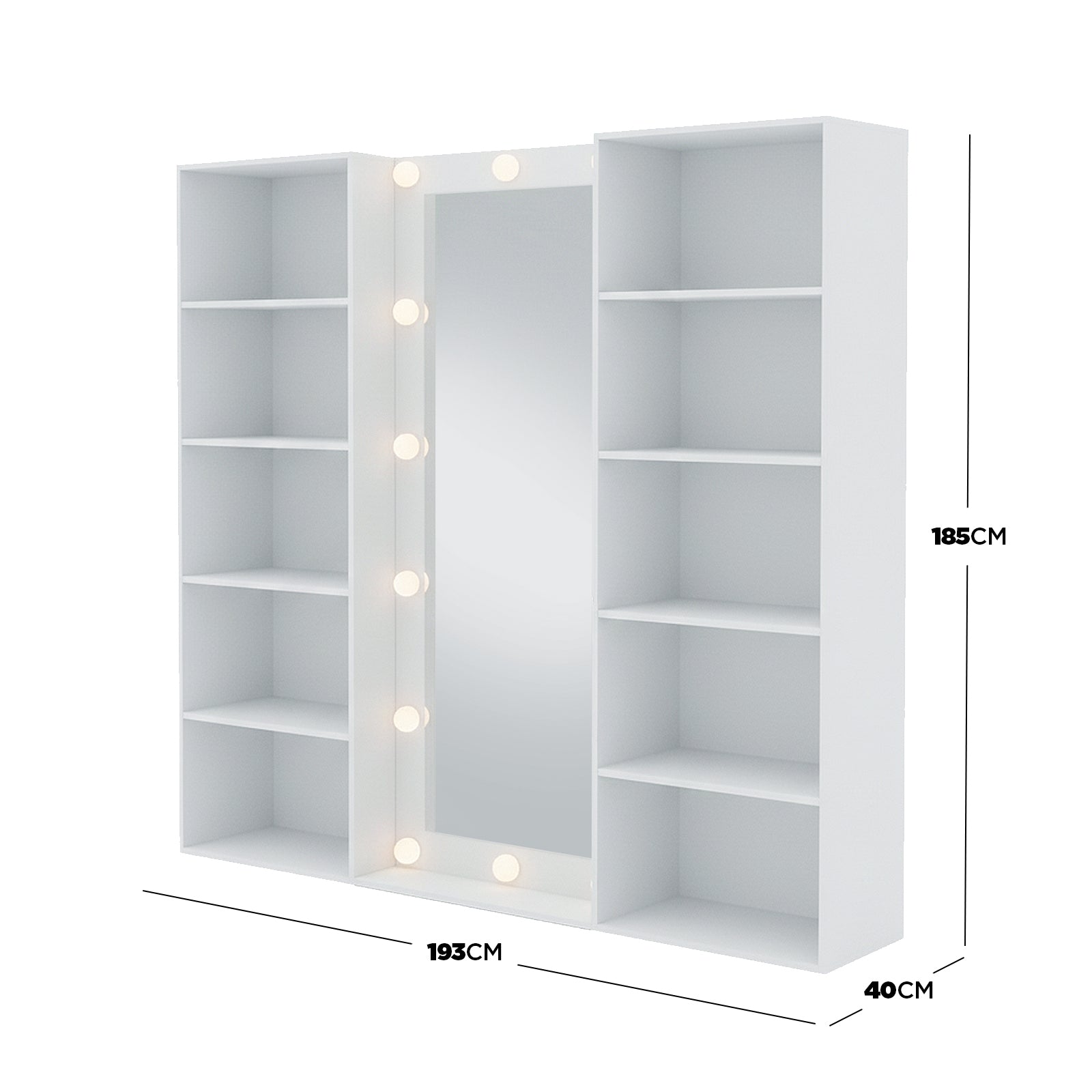Vanity storage unit on white background with dimension callouts