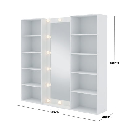 Vanity storage unit on white background with dimension callouts