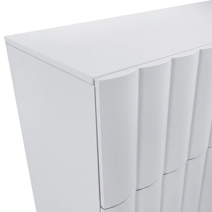 Angled view of top corner of white cabinet showing wavy front panels on white background