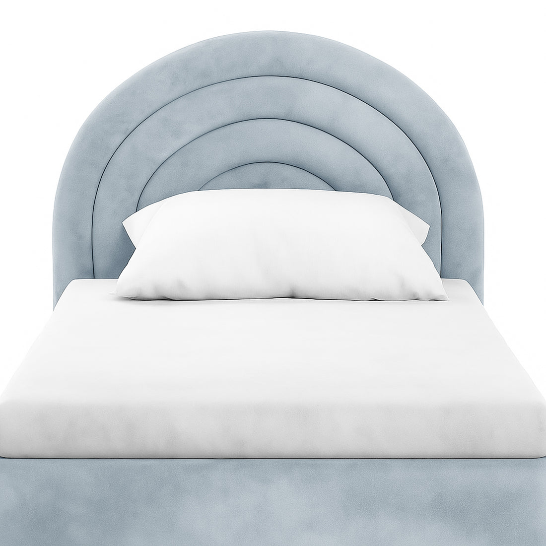 Estilla Velvet Rainbow Bed in Ice Blue features a scalloped, rainbow-arc headboard in soft blue velvet, with a simple white mattress cover and pillow, embodying charm and practicality for cosy sleep.