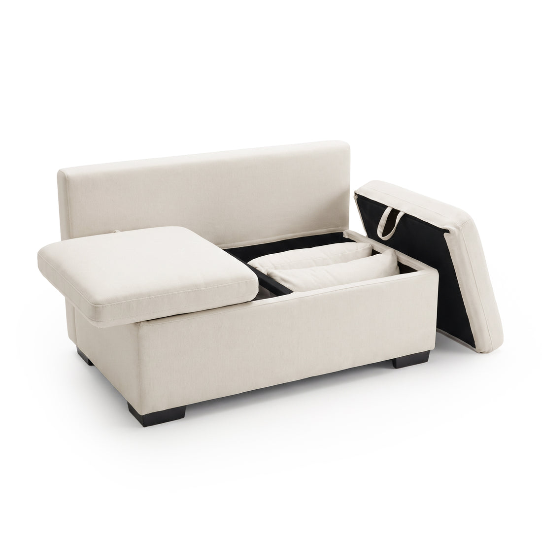 Cream upholstered storage ottoman with removable cushions and open compartments