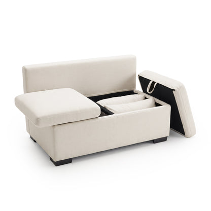 Cream upholstered storage ottoman with removable cushions and open compartments