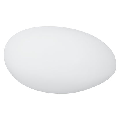 Solar Charging Outdoor LED Rock Light Waterproof Stone Lamp, resembling a smooth, white oval pebble, appears floating on a white background, highlighting its seamless garden integration and ambient lighting capabilities.