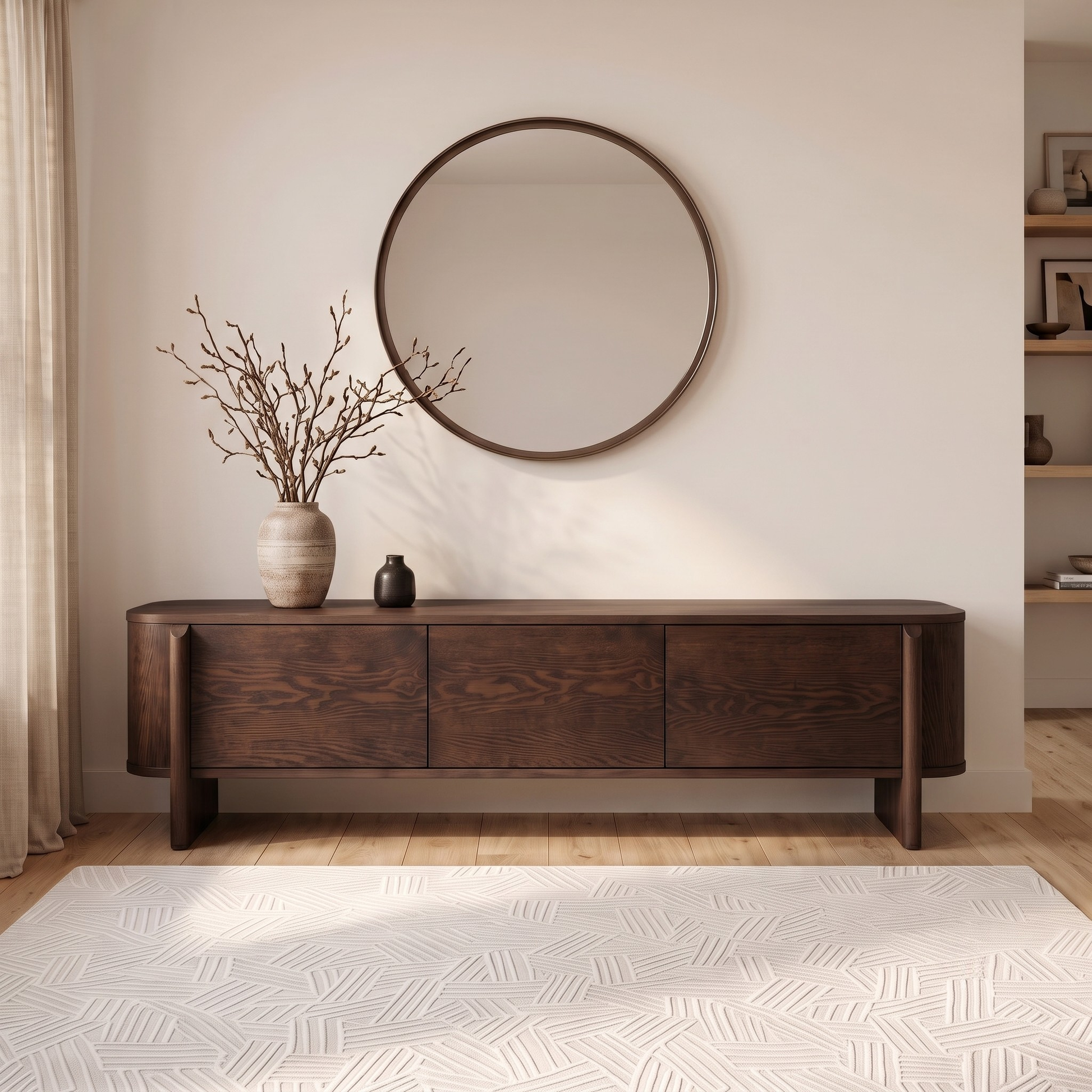 Dark wood sideboard styled in a bright modern living room.