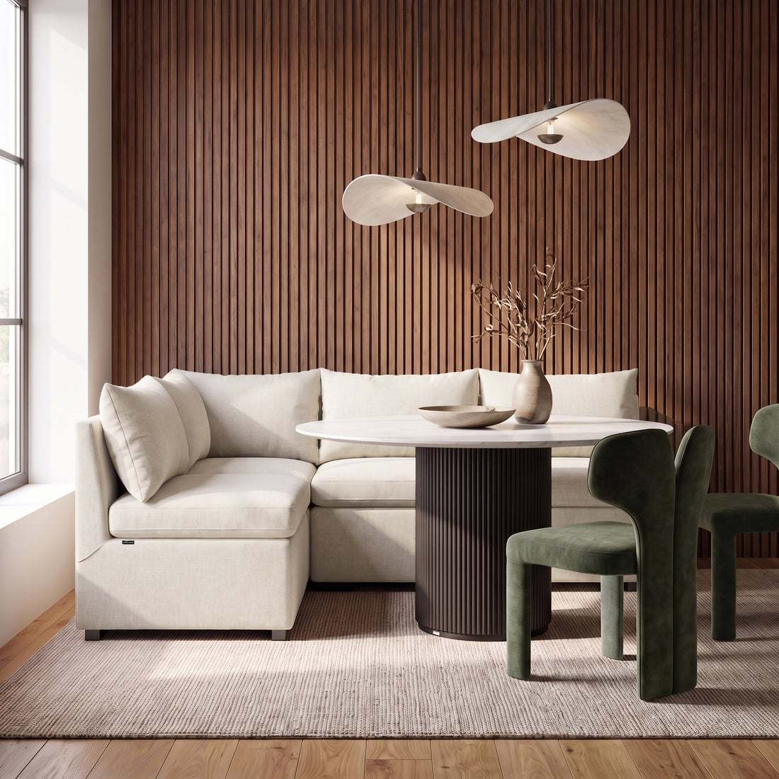 Cream upholstered seating in a sophisticated modern dining and living room