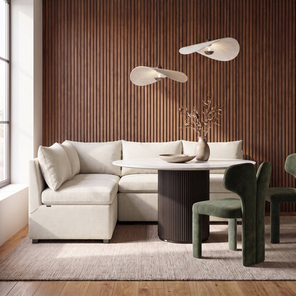 Cream upholstered seating in a sophisticated modern dining and living room