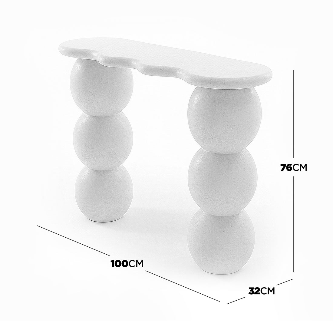 White console table with wavy top and stacked sphere legs, showing dimensions in cm