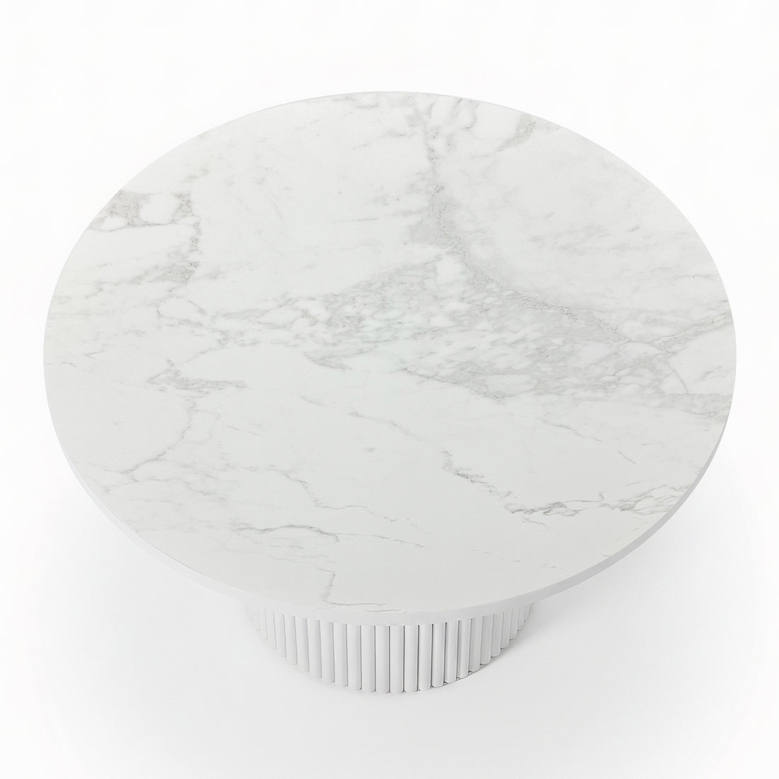 Evone 4 Seater Stone Outdoor Dining Table Set: Features a round, white marble tabletop with light veining on a fluted cylindrical base, ideal for stylish alfresco dining.