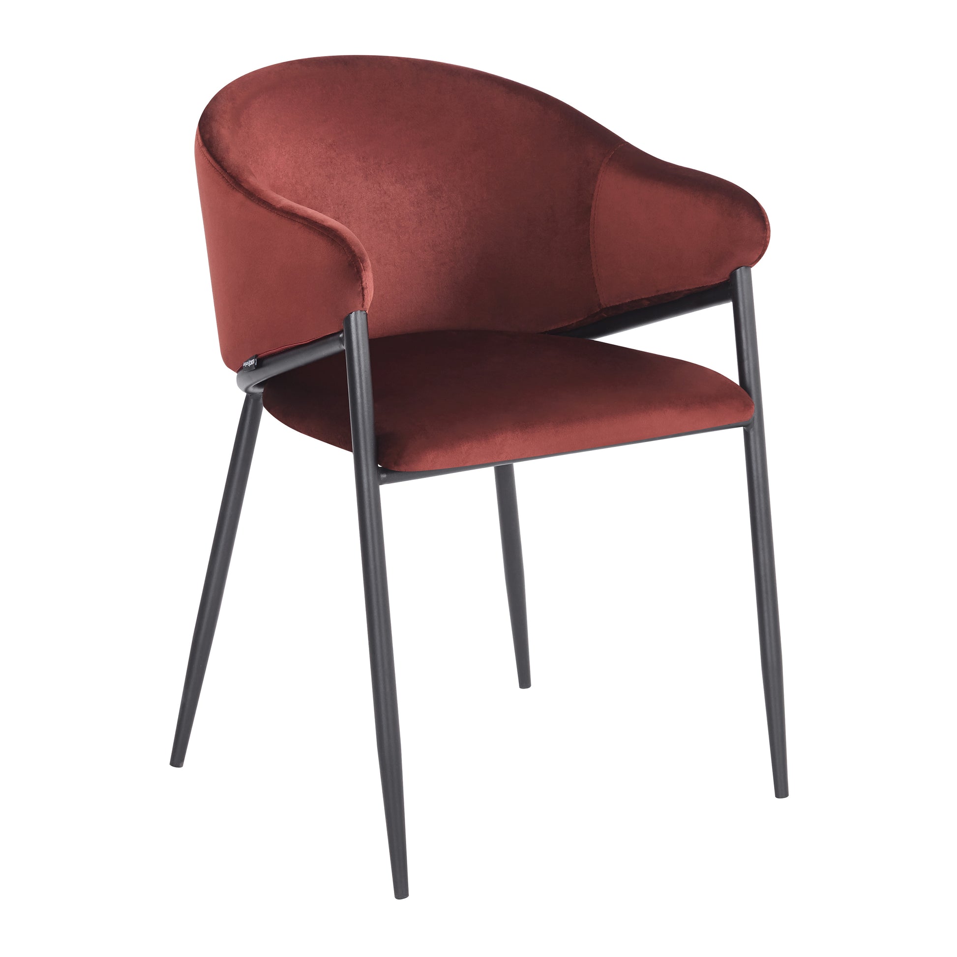 Side-angled view of burgundy velvet chair on white background