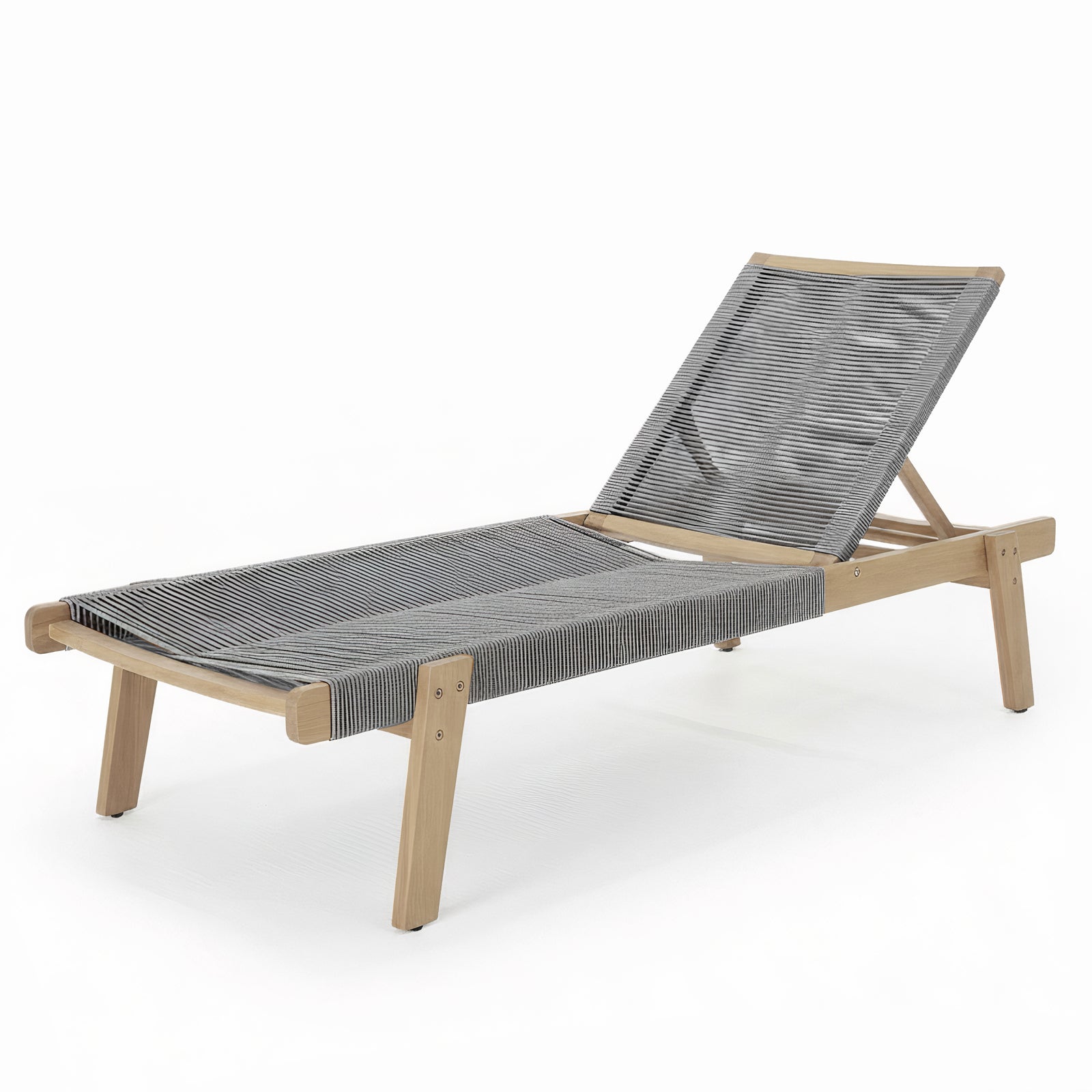 Aureli Hardwood Acacia Reclining Sun Lounger features a light wood frame with a woven grey/black stripe seat, ideal for outdoor relaxation with adjustable reclining positions.