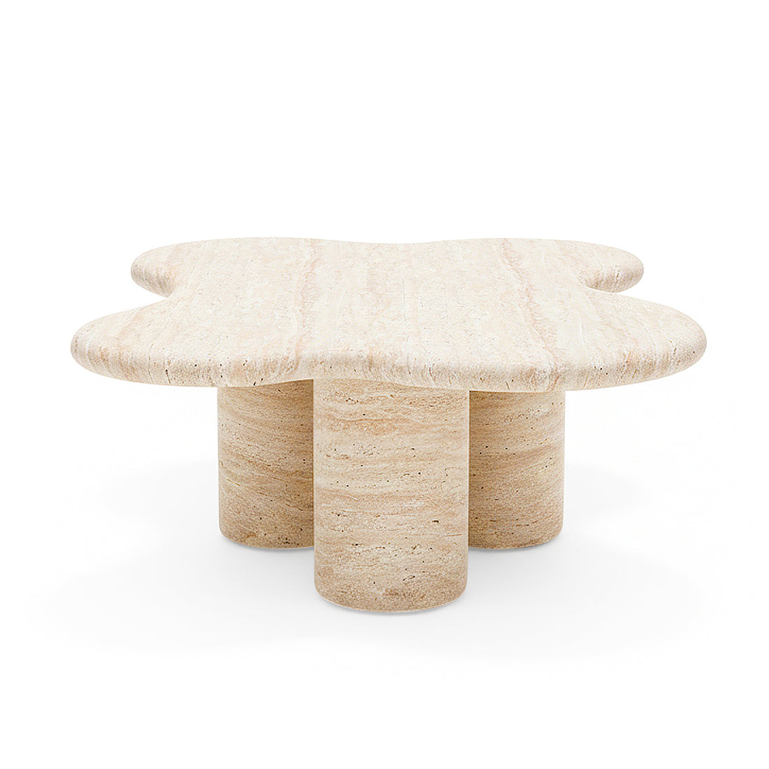 Organic clover-like stone coffee table on white background, full view