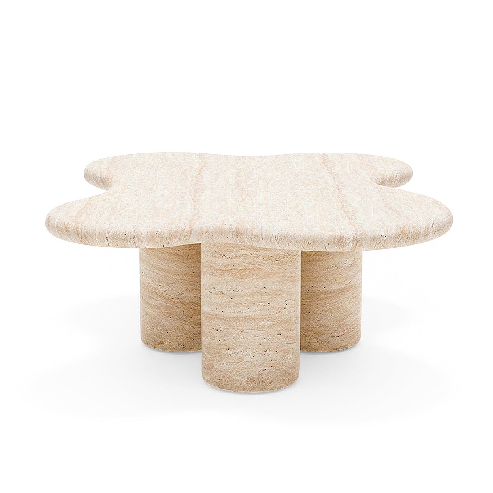 Organic clover-like stone coffee table on white background, full view