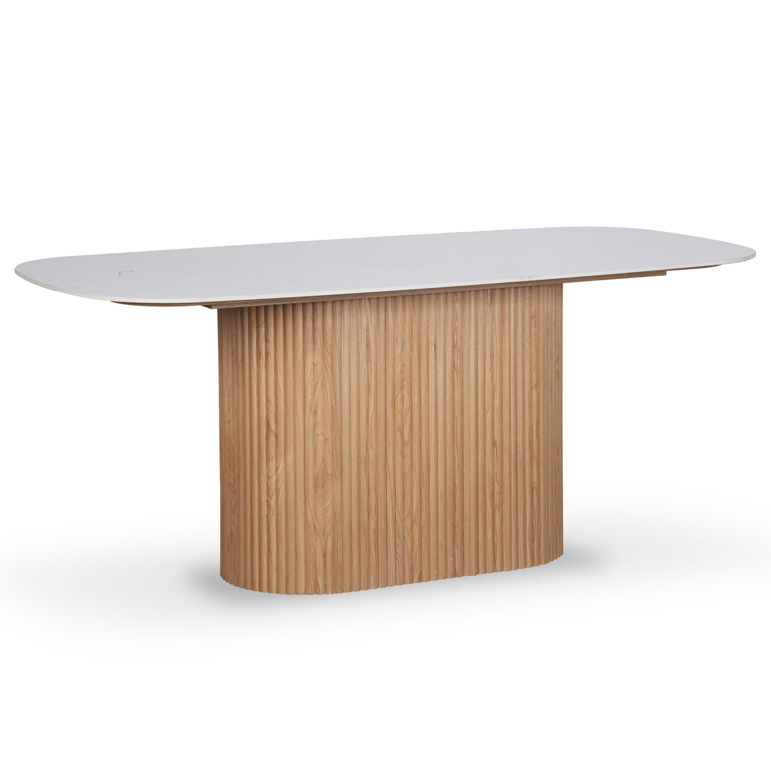 Aeris 180cm Marble Look Dining Table With Wood Base: features an elongated white sintered stone tabletop and a sculptural pedestal base with vertical wooden slats, ideal for modern dining spaces.