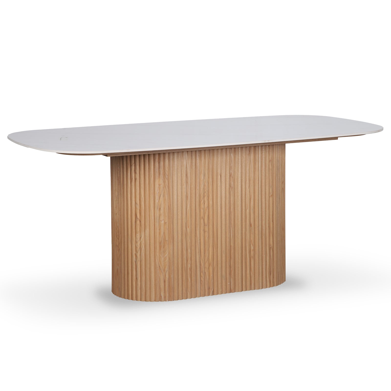 Aeris 180cm Marble Look Dining Table With Wood Base: features an elongated white sintered stone tabletop and a sculptural pedestal base with vertical wooden slats, ideal for modern dining spaces.