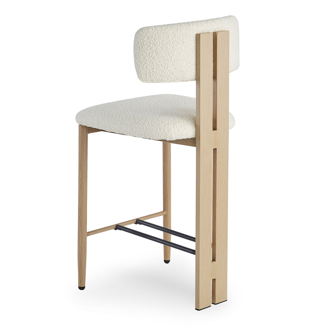 Haleo Curved Boucle Fabric Barstool Set of 2 in Cream White features a light-wood frame, boucle-upholstered backrest and seat, slender metal footrest, and wood-look metal legs for elegant kitchen seating.