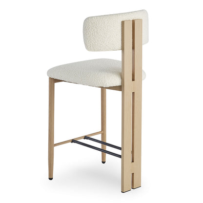 Haleo Curved Boucle Fabric Barstool Set of 2 in Cream White features a light-wood frame, boucle-upholstered backrest and seat, slender metal footrest, and wood-look metal legs for elegant kitchen seating.