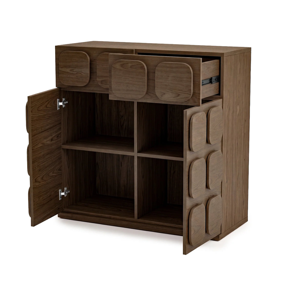 Dark timber cabinet with an open top drawer and cabinet doors showcasing inner compartments and raised square detailing against a plain white studio background.