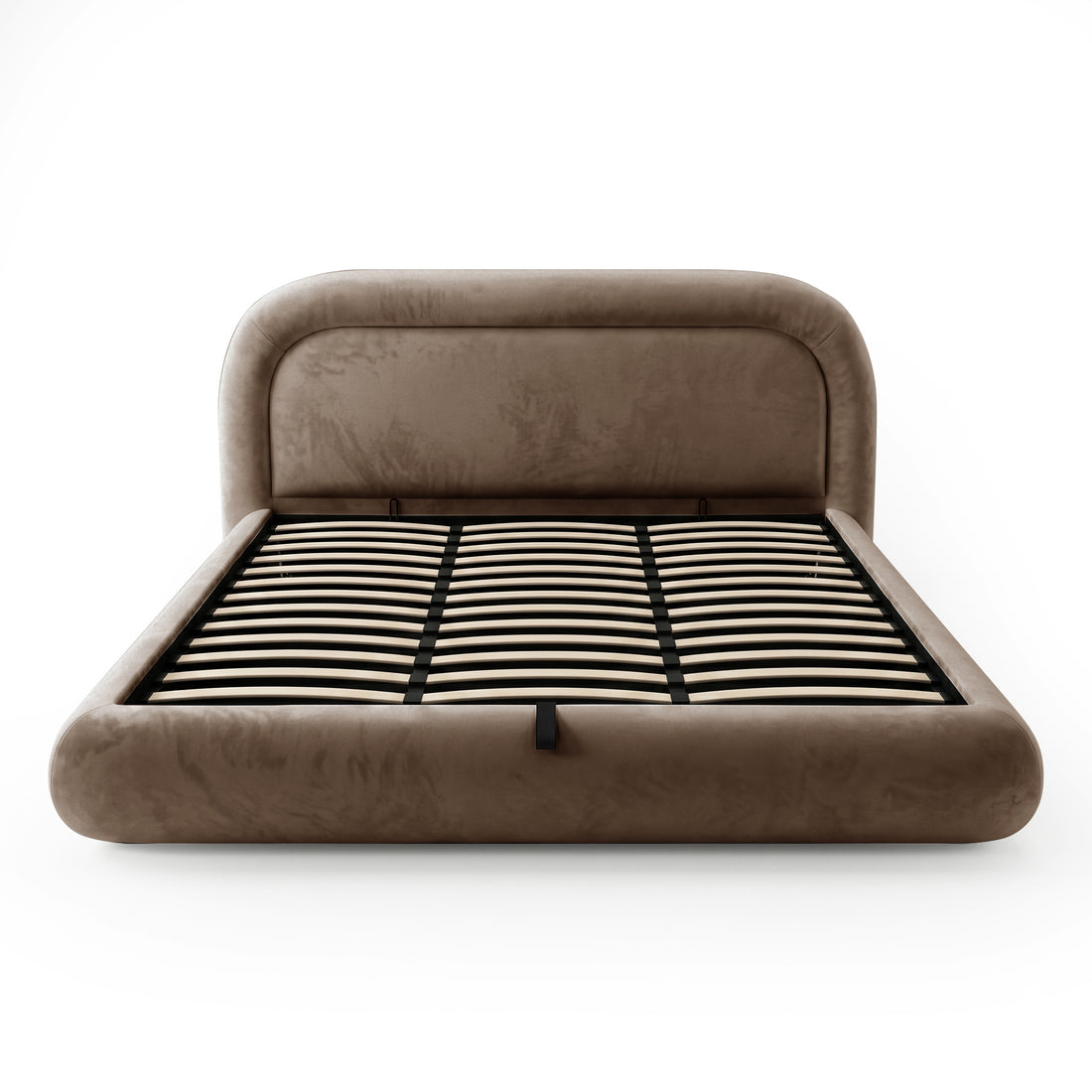 Taupe upholstered bed frame with exposed wooden slats on a white background