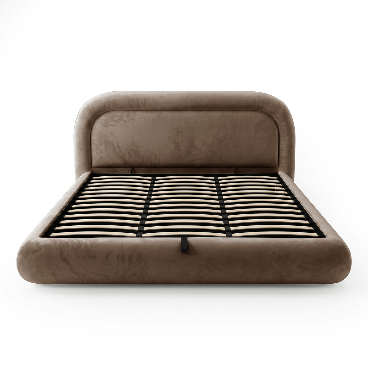 Taupe upholstered bed frame with exposed wooden slats on a white background