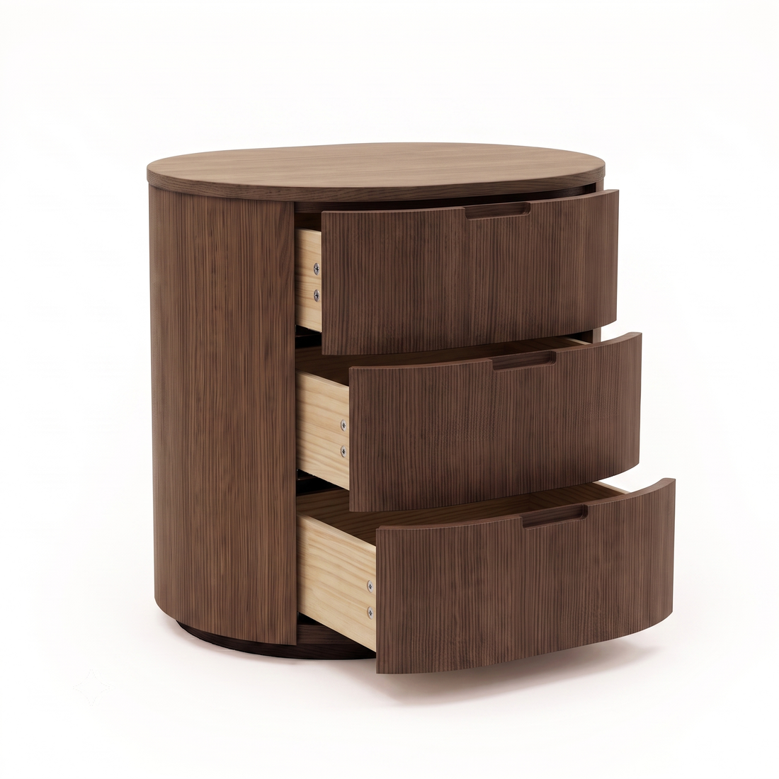 Round wooden nightstand with open drawers on a white background