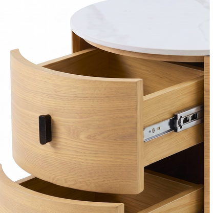 Close-up of wooden nightstand drawers and hardware on a white background
