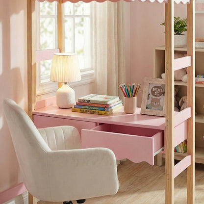 Lofted desk nook with pink drawers and wood elements in a decorated children’s room