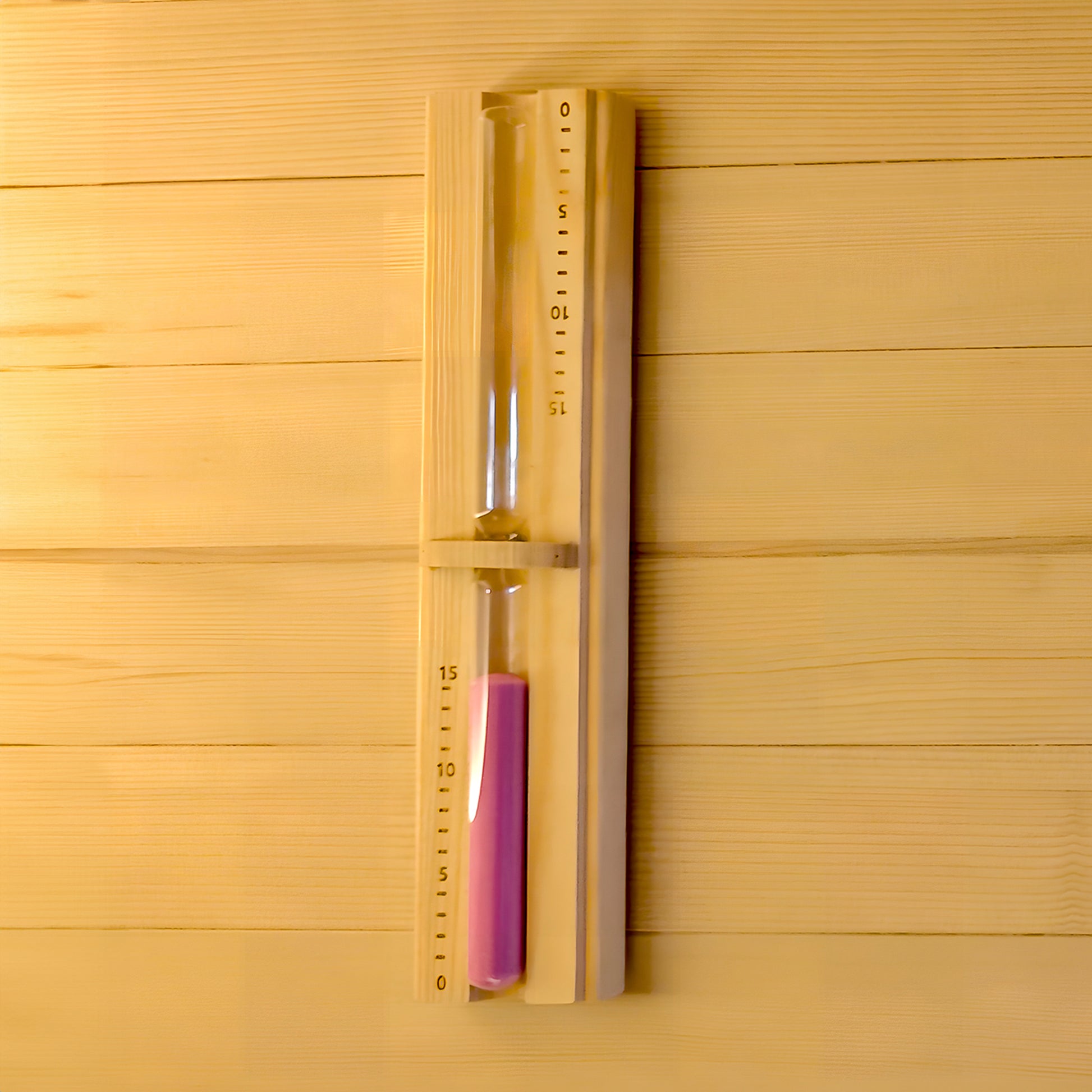 Vertical wooden sauna sand timer mounted on a wooden wall