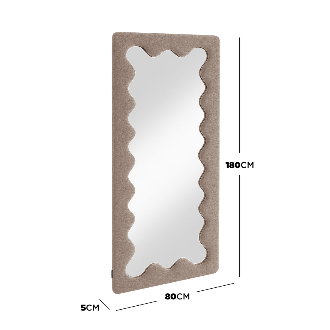 Serena 180cm Full Length Mirror features a taupe padded frame with a wavy mirror design, providing a stylish, full-length view that enhances space and light in your room.
