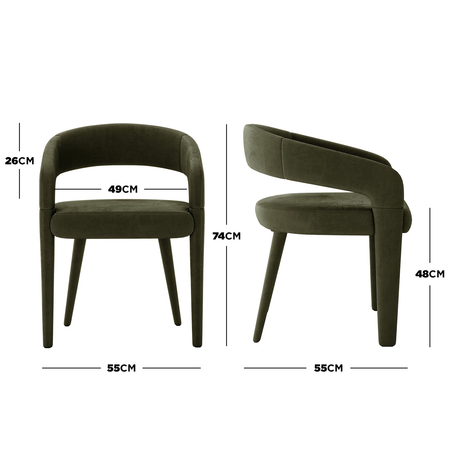 Eisha Velvet Dining Chair Set of 2 in Woodland Green features a modern design with plush velvet upholstery. Shown from front and side views, with dimensions highlighted for height, width, and depth.