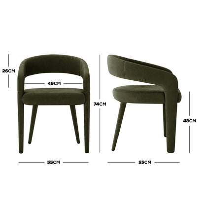 Eisha Velvet Dining Chair Set of 2 in Woodland Green features a modern design with plush velvet upholstery. Shown from front and side views, with dimensions highlighted for height, width, and depth.