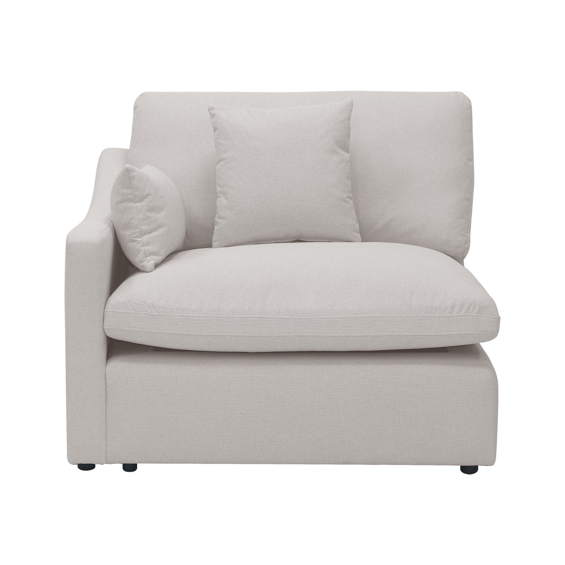 Modern light beige upholstered armchair on a white background