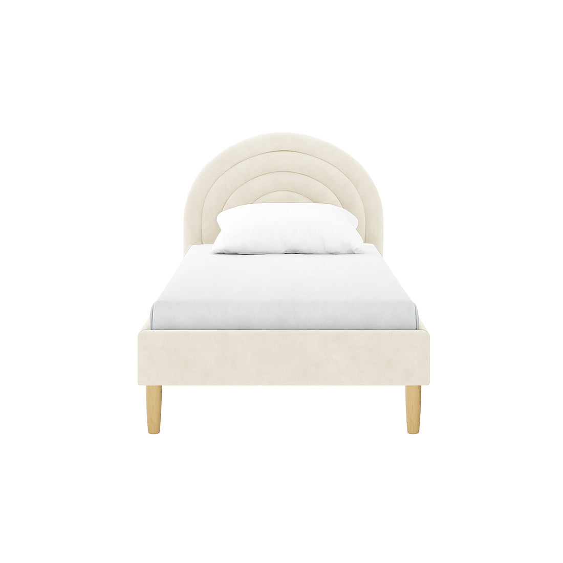 Estilla Velvet Rainbow Bed in Beige features a twin-sized frame with a rainbow-shaped headboard of padded panels, light-wood tapered legs, and a low footboard, showcasing soft-touch velvet upholstery.