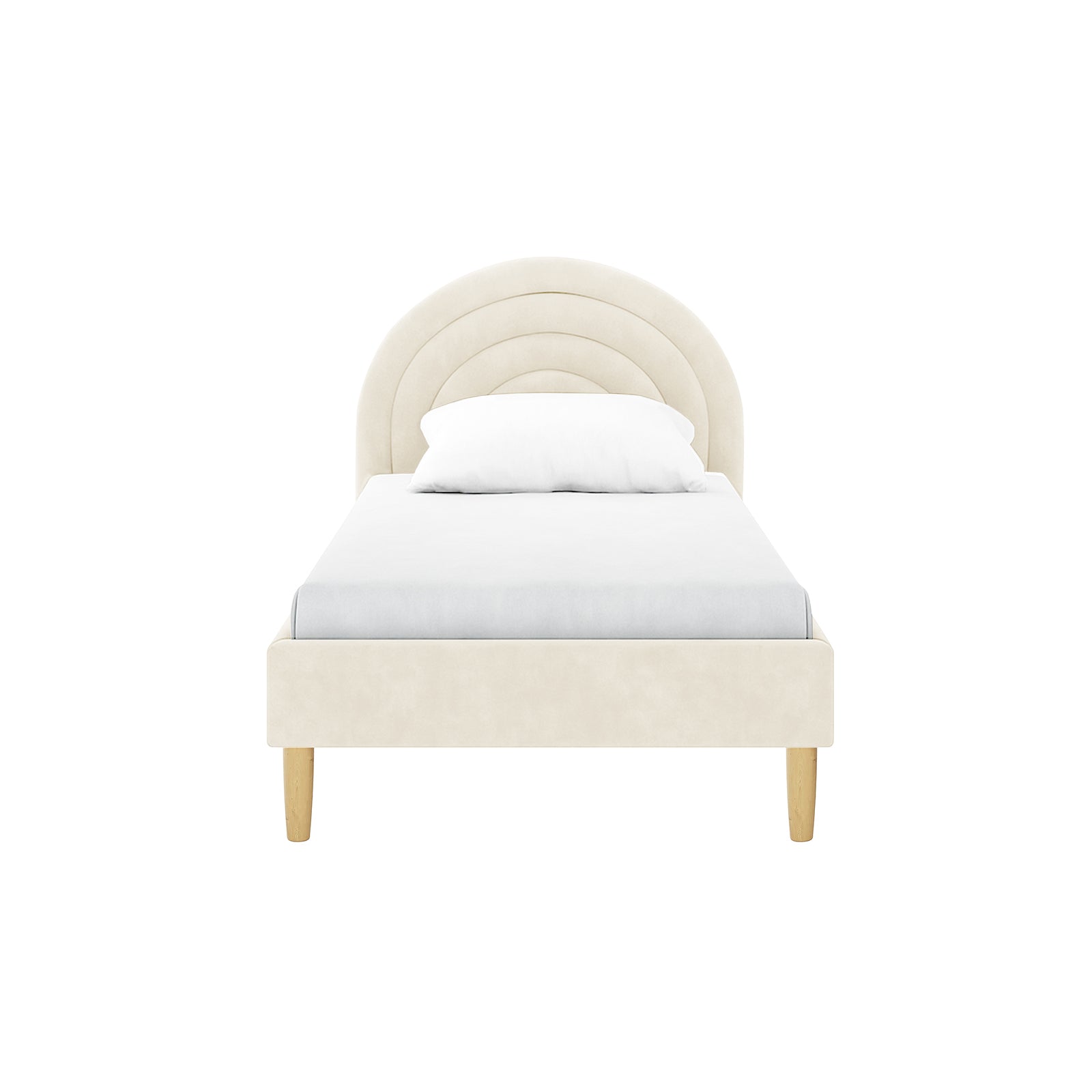 Estilla Velvet Rainbow Bed in Beige features a twin-sized frame with a rainbow-shaped headboard of padded panels, light-wood tapered legs, and a low footboard, showcasing soft-touch velvet upholstery.