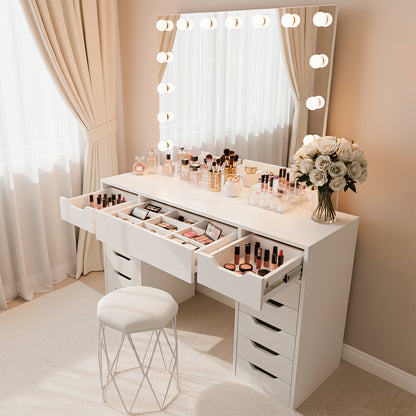 Jenna Hollywood LED Mirror Dressing Table in White featuring a large mirror with 15 LED bulbs, ample storage with multiple drawers, and a cushioned stool, ideal for organized beauty routines.