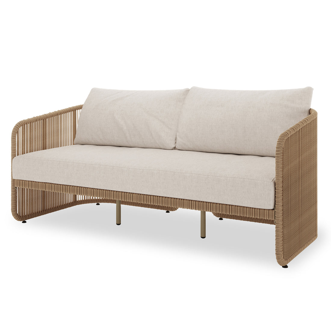 Solari 4 Seater Wicker Outdoor Sofa Set in Natural features a modern loveseat with a tan rope-wrapped frame, light beige cushions, and slender metal legs, designed for stylish outdoor comfort.