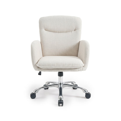 Full view of a beige upholstered office chair on a white background