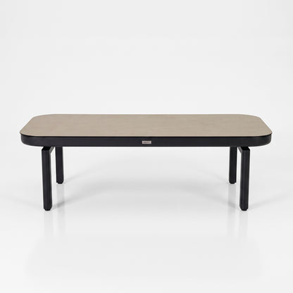 Rectangular table with rounded edges on white background.