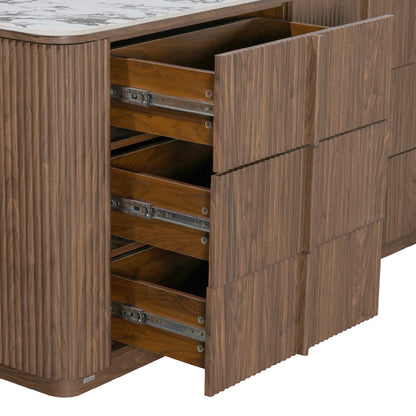 Partial view of a wooden dresser section with open drawers on white background