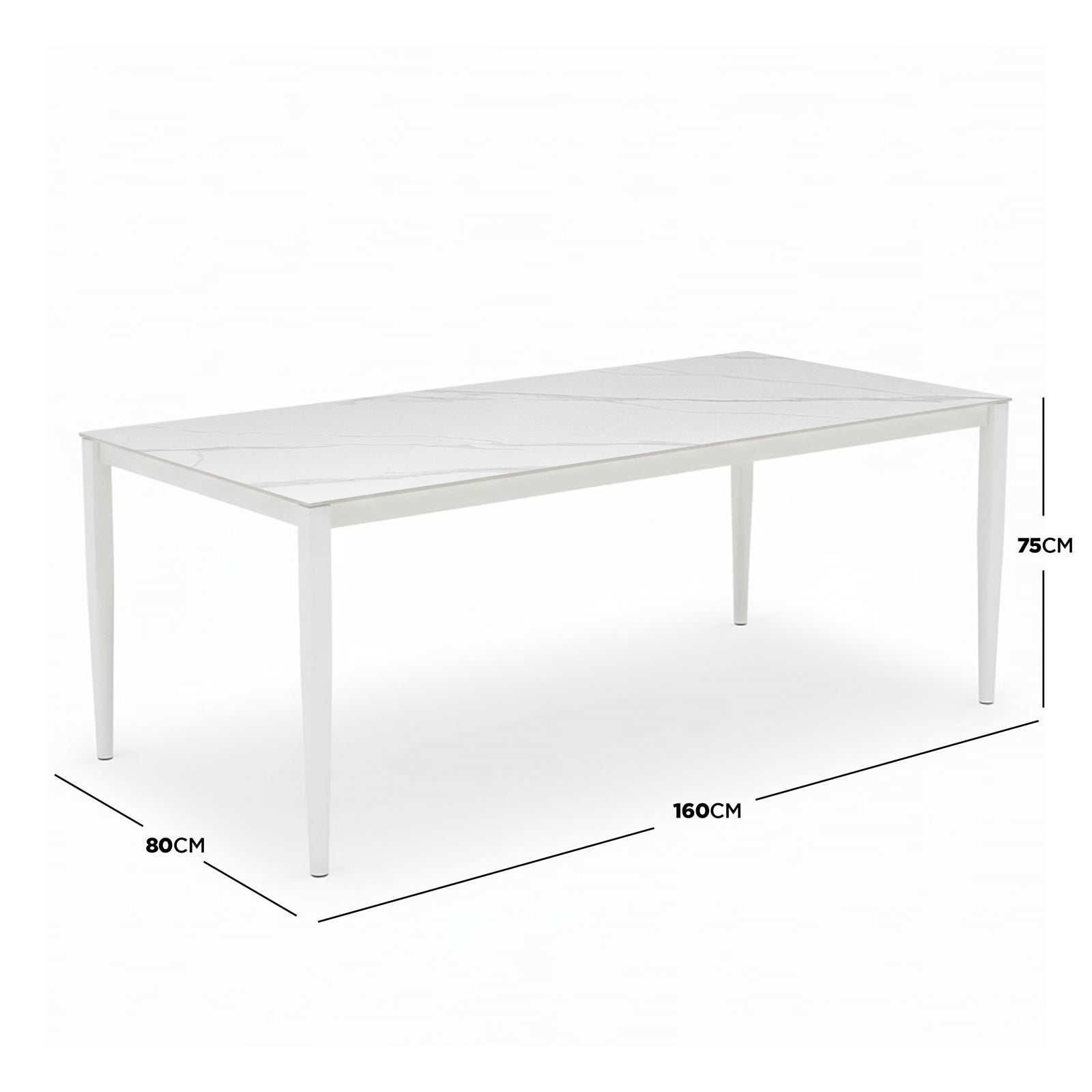 Cabria 7 Piece Sintered Stone Outdoor Dining Set features a sleek rectangular table with a marble-effect top and slim legs, with dimensions of 160 cm by 80 cm, 75 cm high.