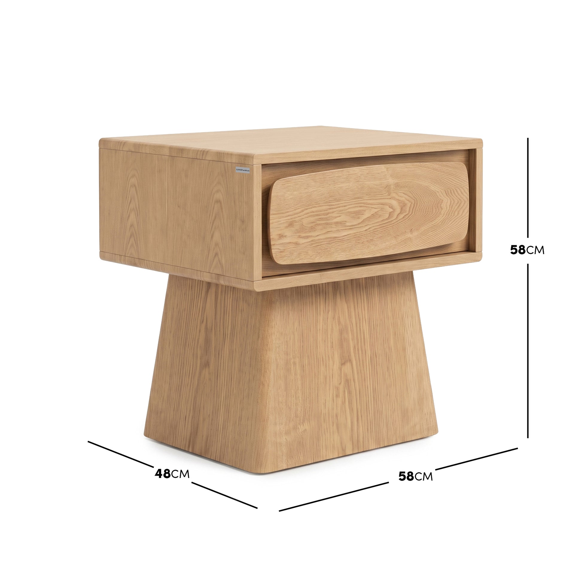 Wooden side table on white background with dimensions marked