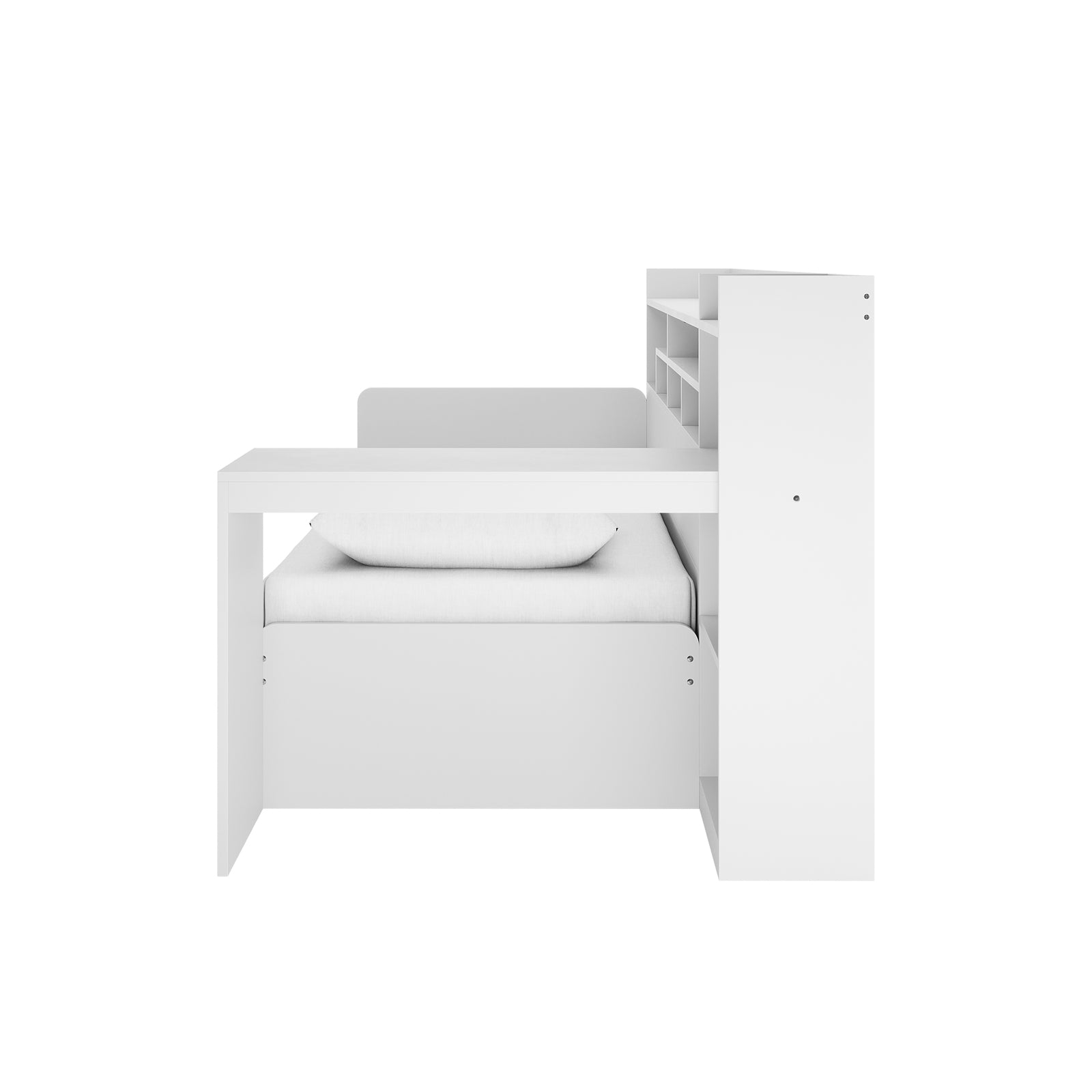Hally Storage Single Bed with Desk and Drawers in White: Modular design featuring a low daybed, study desk, and vertical cubby shelves for storage, all in a minimalist, matte white finish.