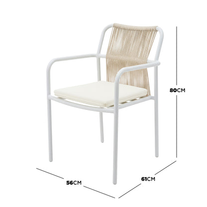 Evone 4-Seater Stone Outdoor Dining Set featuring a square stone tabletop with a robust aluminium frame, accompanied by four minimalist chairs with white metal frames and woven rope backrests.